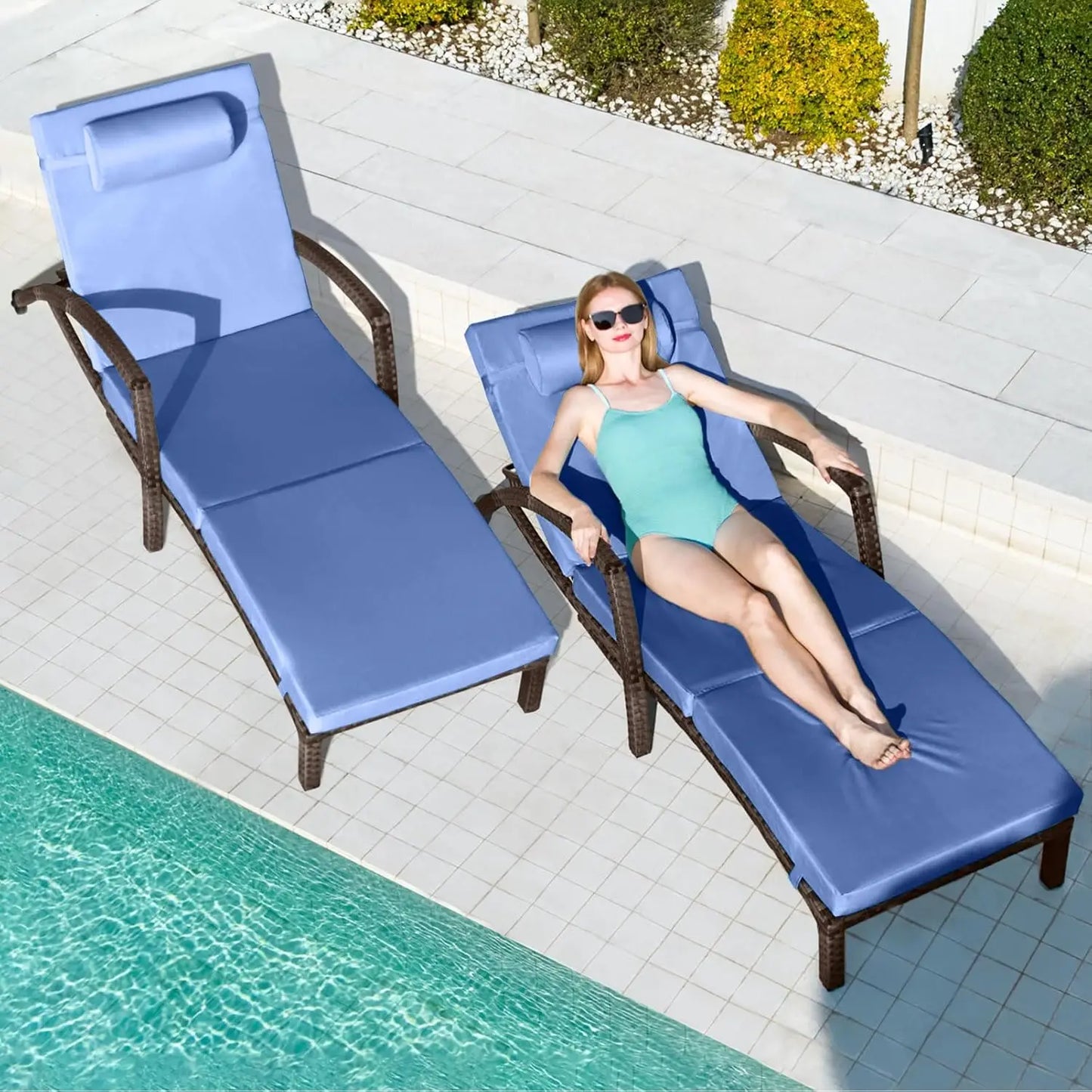 Chaise Lounge Chairs Outdoor Set of 2, Comfy Outside Wicker Patio Pool Lounge Chair w/ 5 Adjustable Back Angle, Cup, Customized