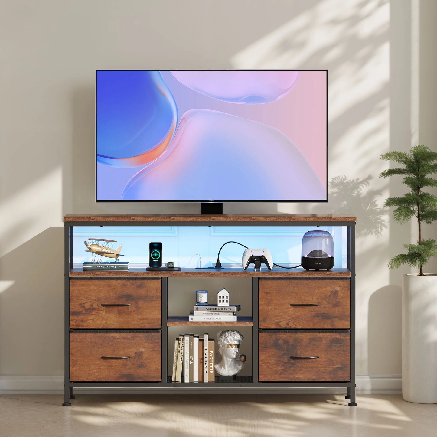 JHK TV Stand With Four Drawers LED Lights And Outlets