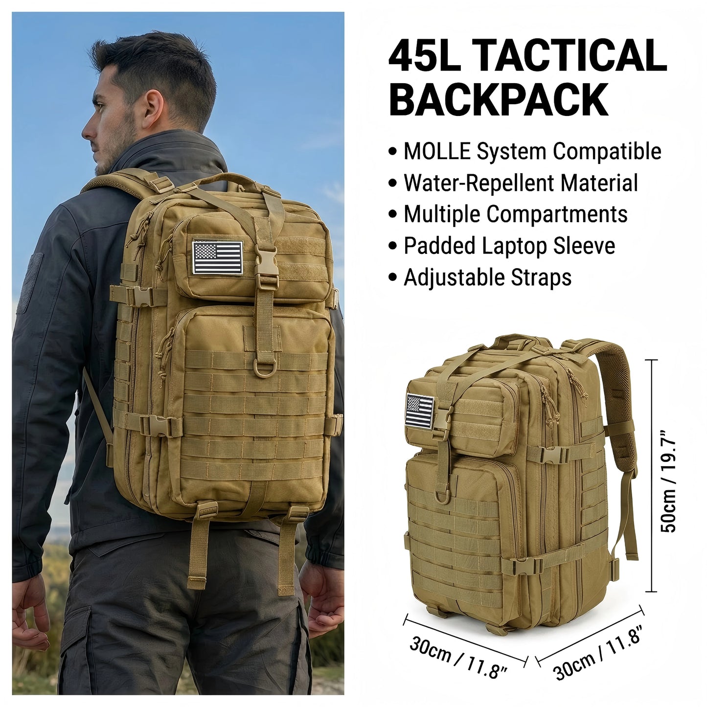 Men 45L Tactical Hiking Backpack Molle Mountaineering Water Resistant Outdoor Camping Trekking Backpacking Bushcraft Travel Rucksack Bug Out Bag Survival Emergency Large Capacity Climbing Cycling Daypack Women Durable Wear Re