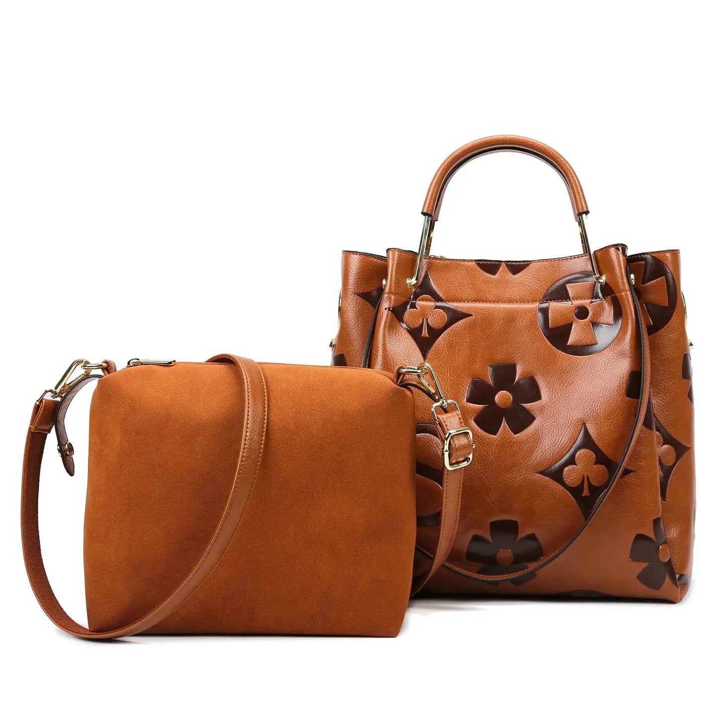 Top Handle Handbag Set Large Shoulder Bag Vegan Leather Ladies Bucket Hobo Tote with Floral Embroidery for Everyday Use