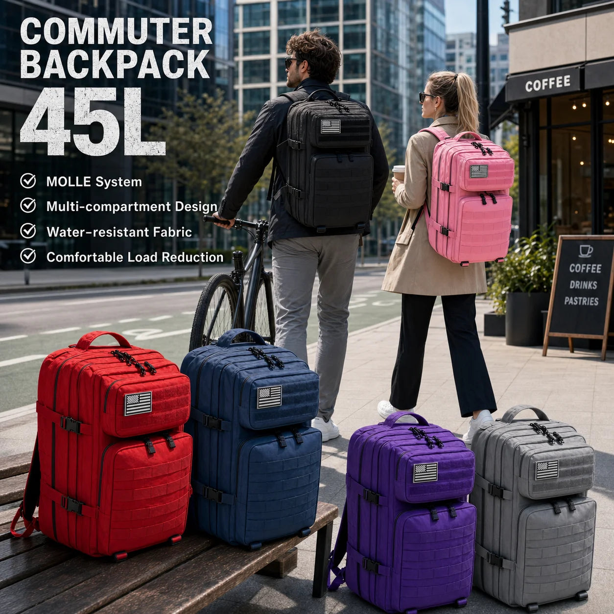 45L Tactical Travel Backpack Molle Large Capacity Multi Pocket Storage Bag Durable Wear Resistant Camping Hiking Trekking Bushcraft Daypack Heavy Duty Rucksack For Men Women Business Trips Mountain Climbing Daily Commute Lugg