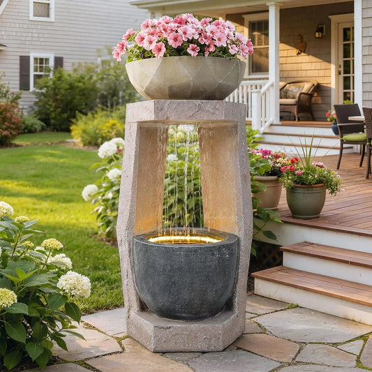 Outdoor Geometric Two-Bowl Resin Fountain With LEDs