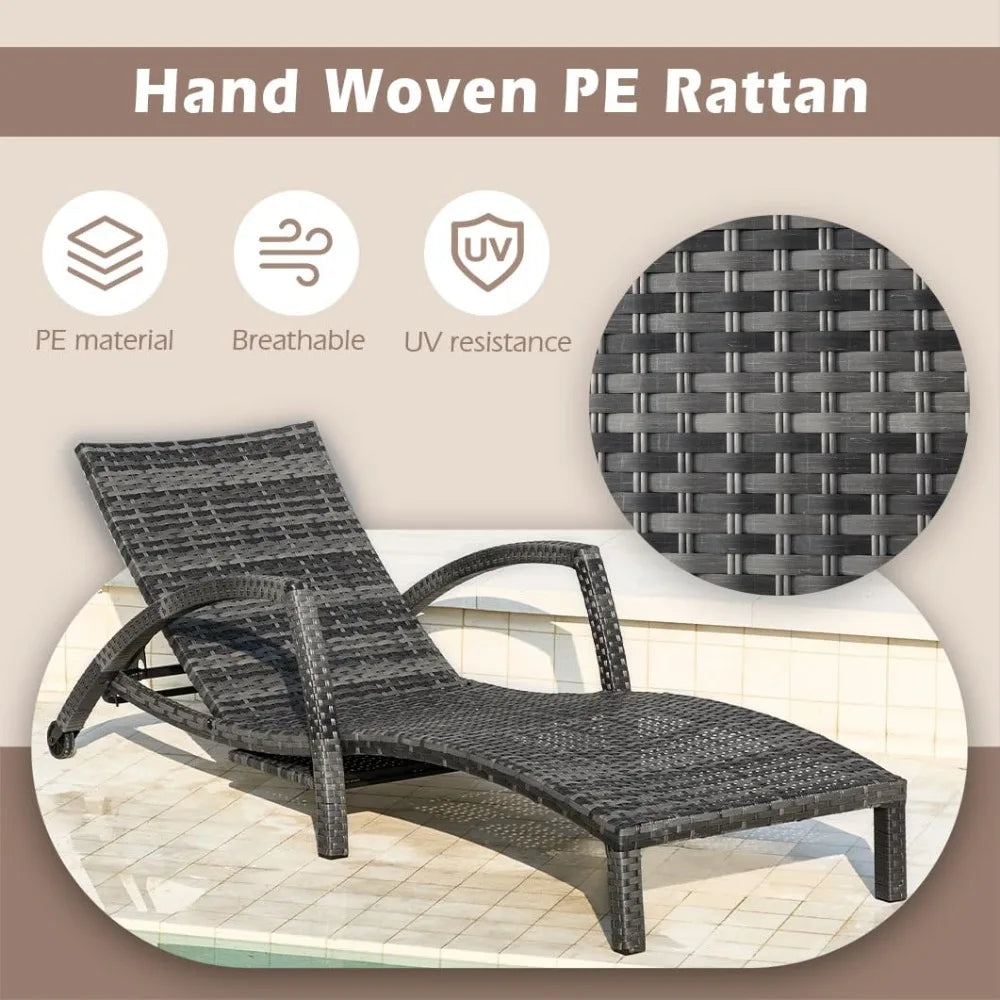 Chaise Lounge Chairs Outdoor Set of 2, Comfy Outside Wicker Patio Pool Lounge Chair w/ 5 Adjustable Back Angle, Cup, Customized