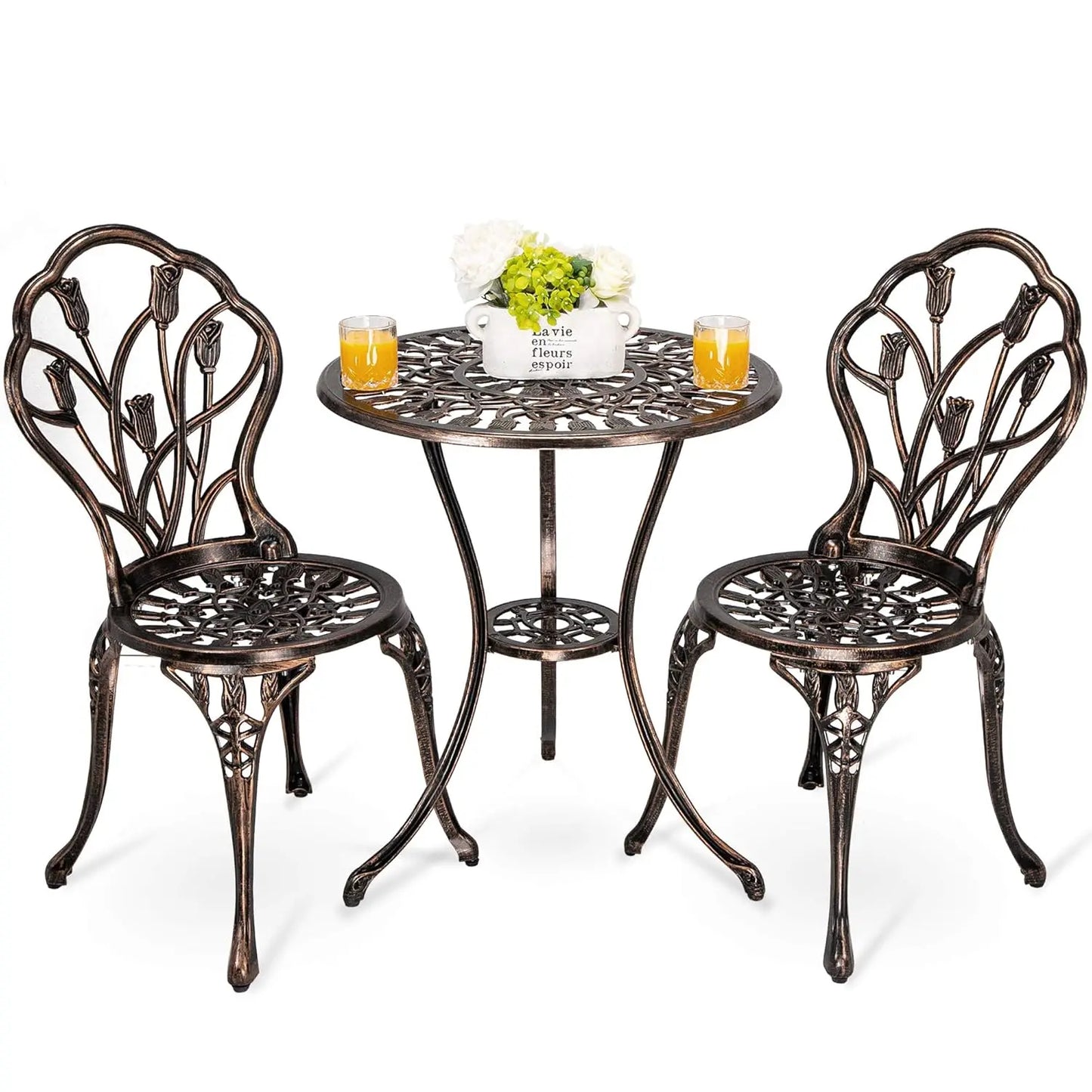 3pc Cast Aluminum Bistro Set, Rose Pattern Outdoor Garden Balcony, Rust & All-Weather Resistant, White, Customized