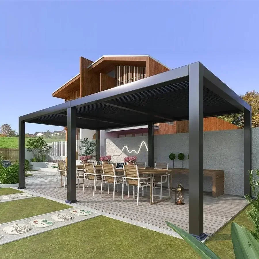 Motorized Aluminum Pergola With Retractable Louvered Roof For Gardens