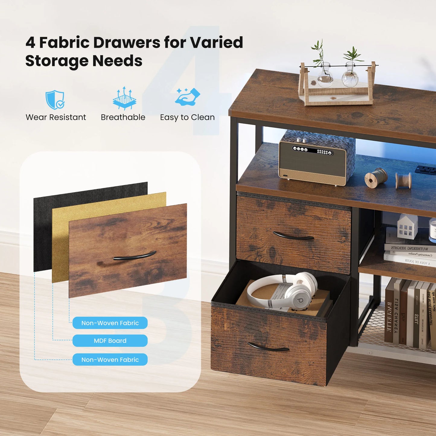 JHK TV Stand With Four Drawers LED Lights And Outlets