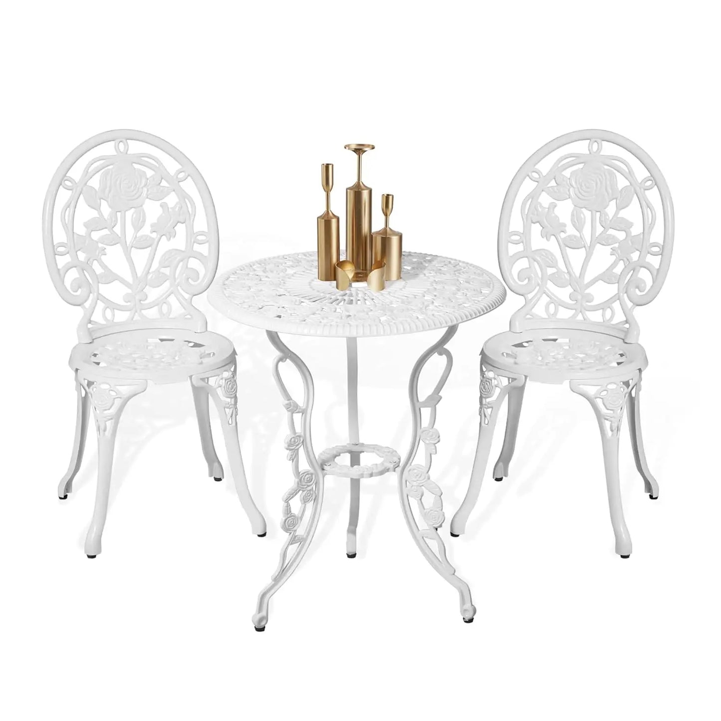 3pc Cast Aluminum Bistro Set, Rose Pattern Outdoor Garden Balcony, Rust & All-Weather Resistant, White, Customized
