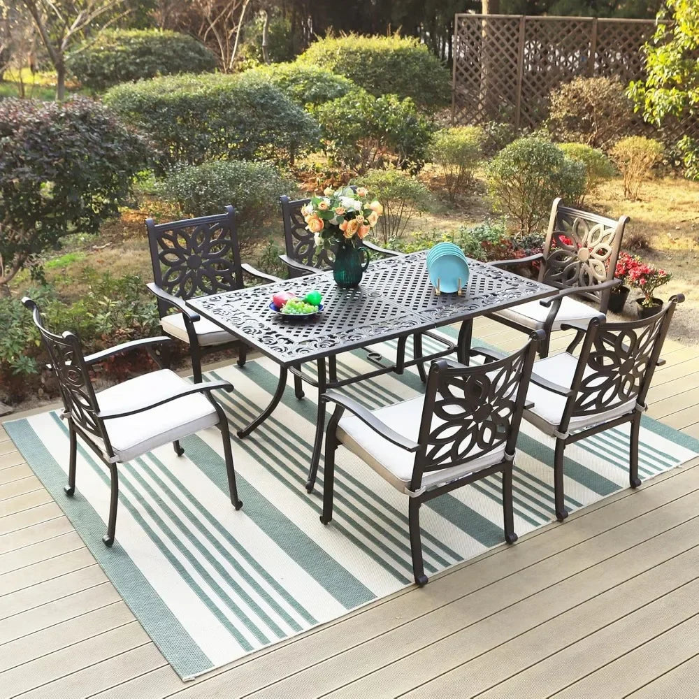 Rectangular Cast Aluminum Outdoor Dining Table For Six With Umbrella Hole
