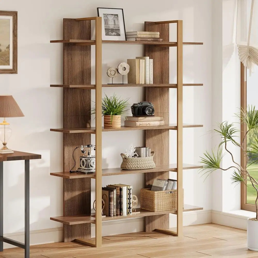 Five Tier Modern Boho Bookcase With Metal Frame Living Room