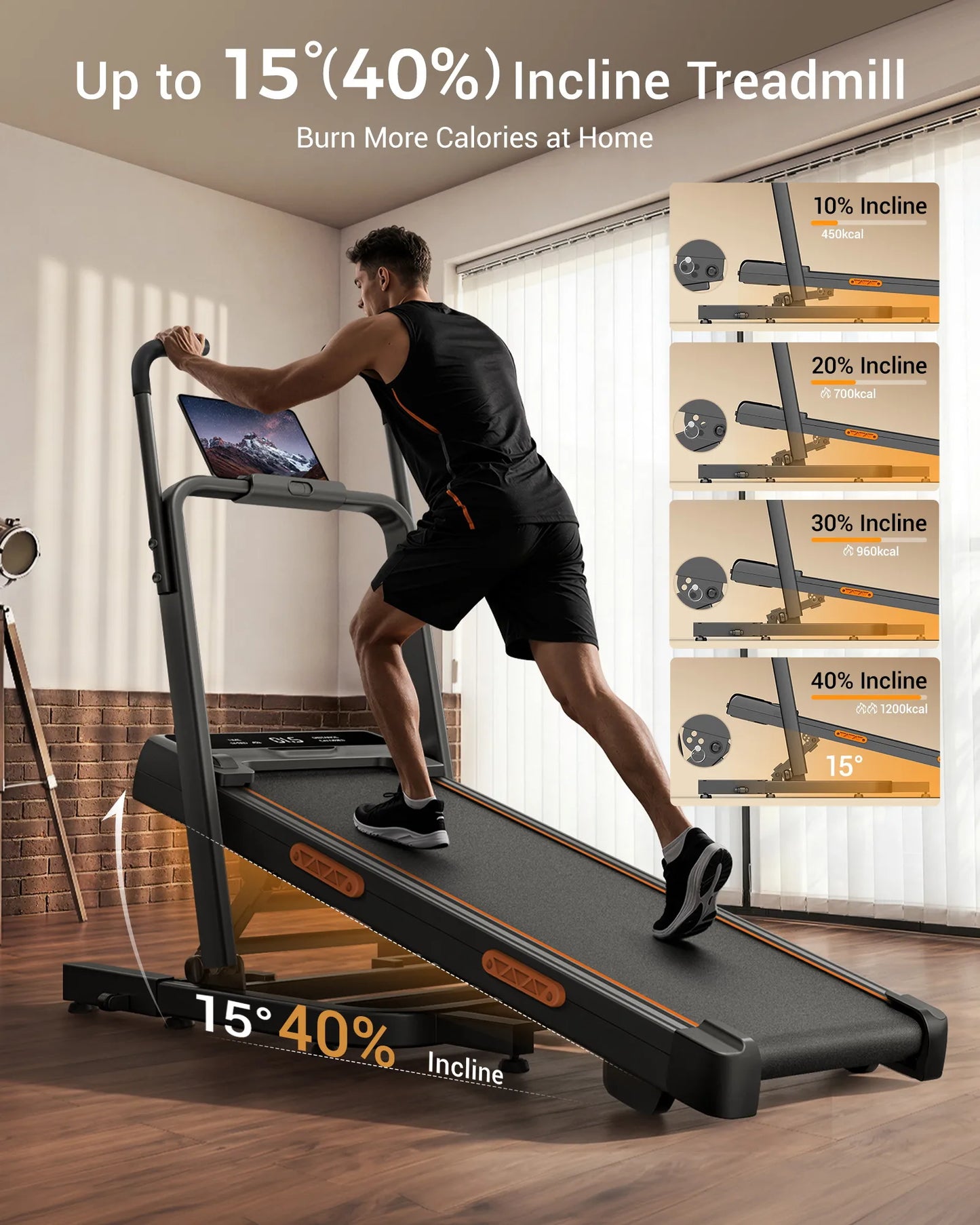 UMAY Folding Treadmill for Home 15% Incline Electric Running Machine 3.0HP Powerful Motor Adjustable Speed Walking Pad LED Display Shock Absorption Fitness Equipment