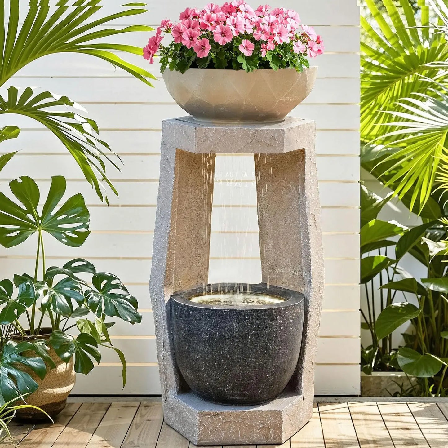 Outdoor Geometric Two-Bowl Resin Fountain With LEDs