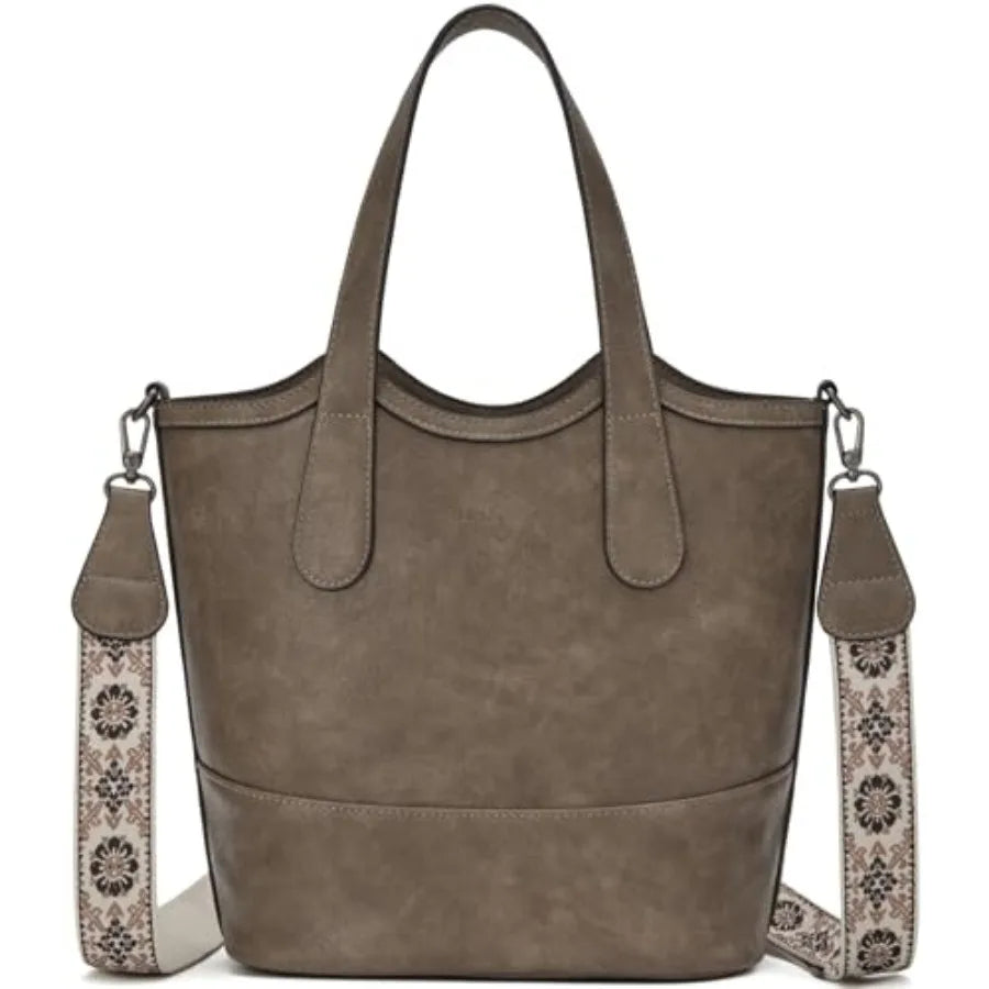 Tote Bag for Women, StrawandVegan Leather Bucket Bags Crossbody Top Handle Purses And Handbags For Work Travel Beach