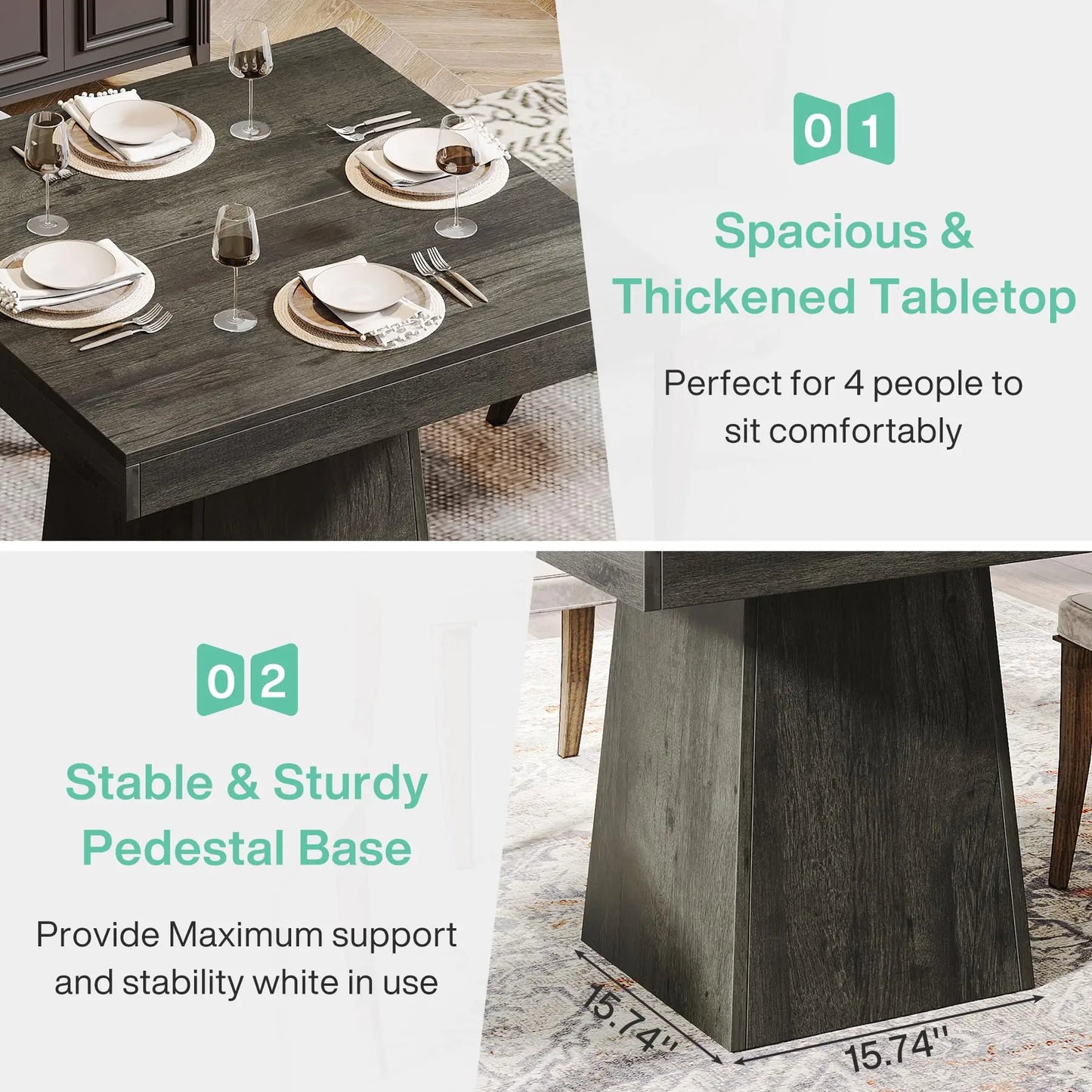 Tribesigns Square Dining Table for Four with Pedestal Base Farmhouse