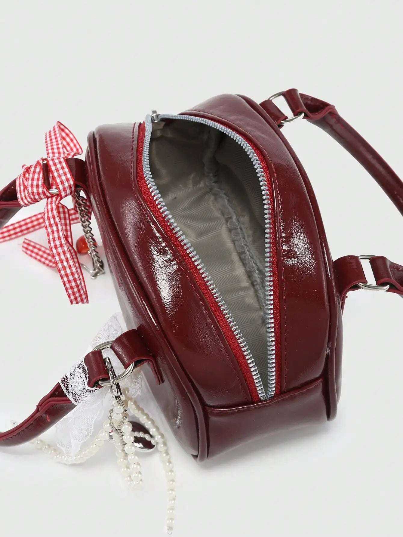 Women's Cute Ballet Style Cherry Faux Pearl & Bow Decor Mini Handbag, Fashionable Burgundy Bag, Fashionable Bow Purse For Women , Kawaii
