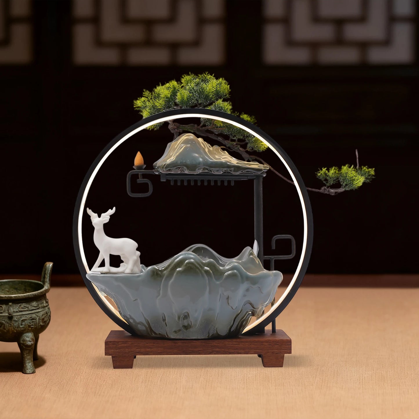110V Ceramic Tabletop Fountain With Mist LED Deer Figurine