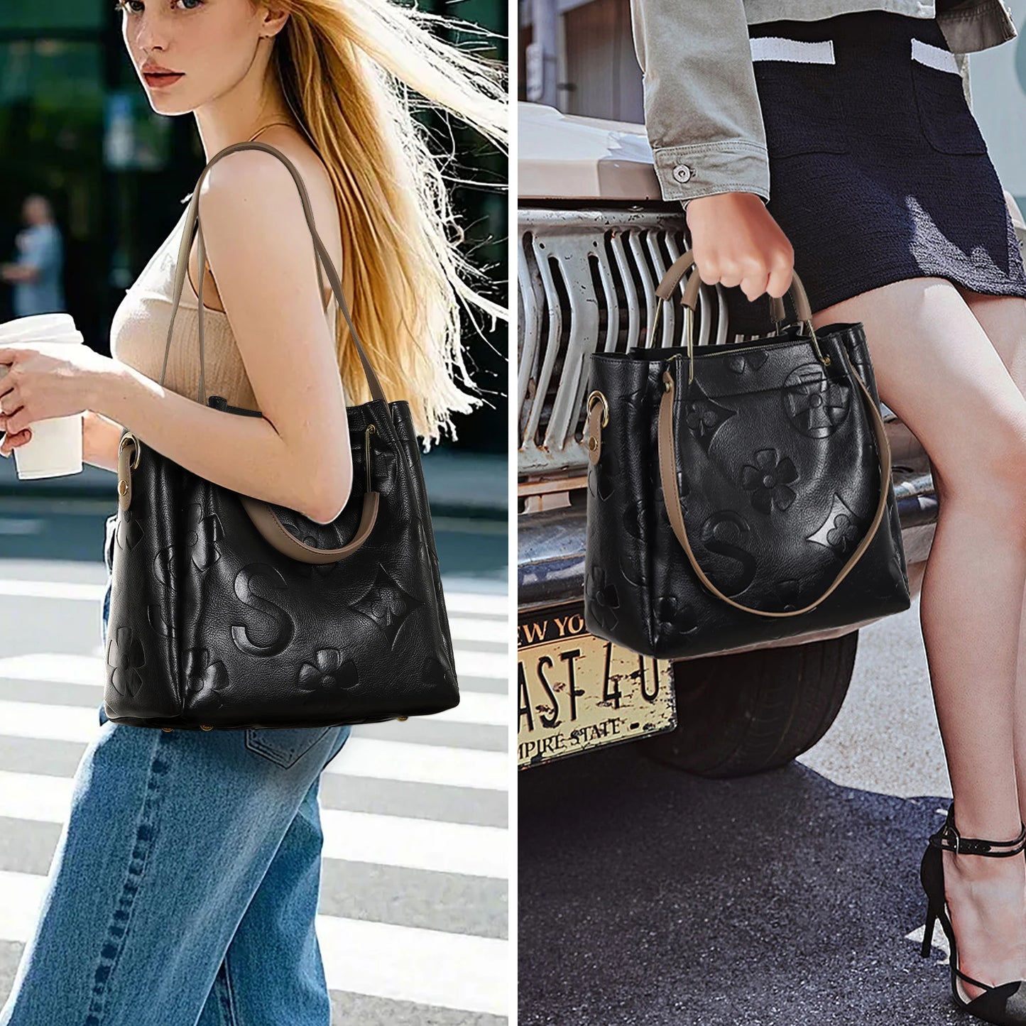 Top Handle Handbag Set Large Shoulder Bag Vegan Leather Ladies Bucket Hobo Tote with Floral Embroidery for Everyday Use