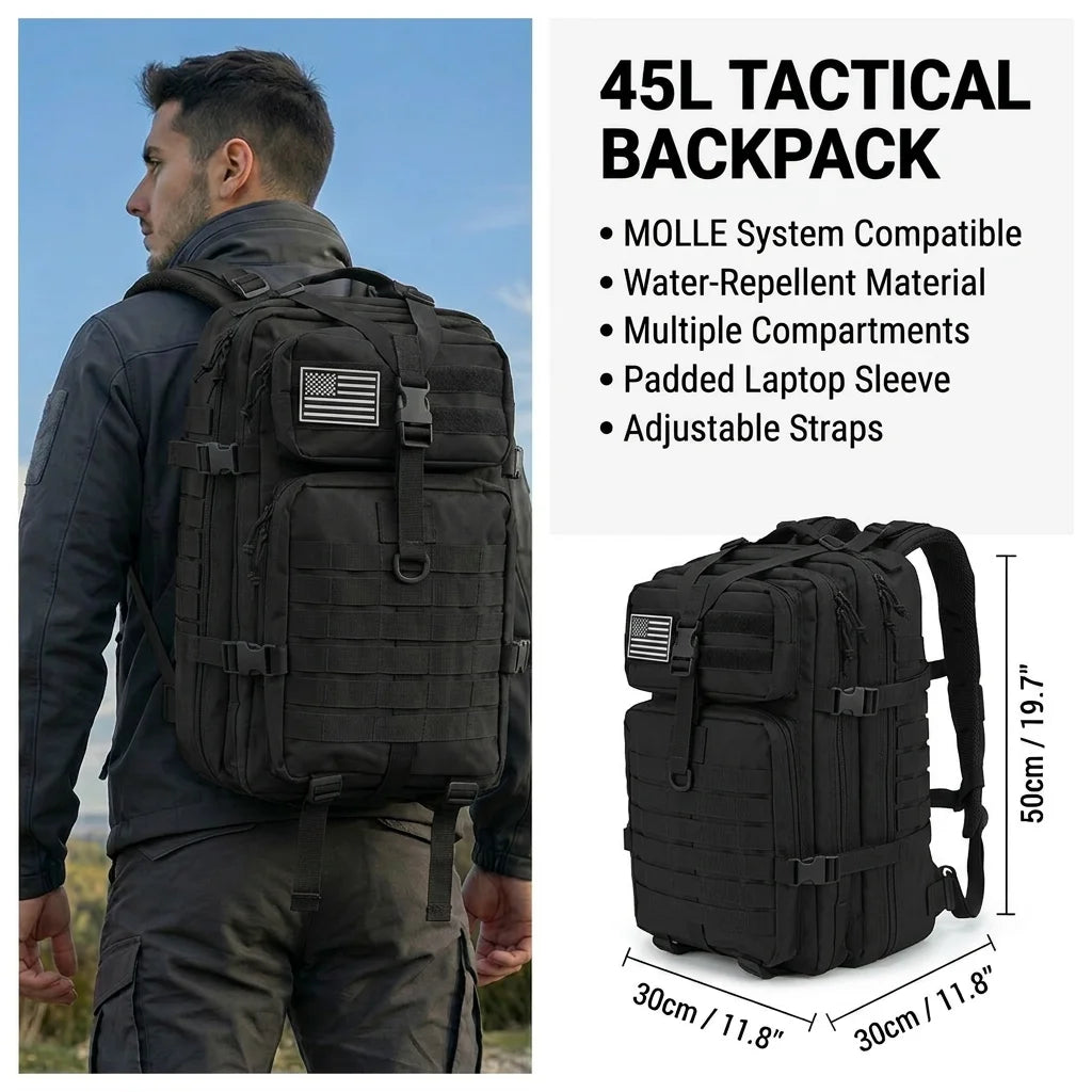 Men 45L Tactical Hiking Backpack Molle Mountaineering Water Resistant Outdoor Camping Trekking Backpacking Bushcraft Travel Rucksack Bug Out Bag Survival Emergency Large Capacity Climbing Cycling Daypack Women Durable Wear Re