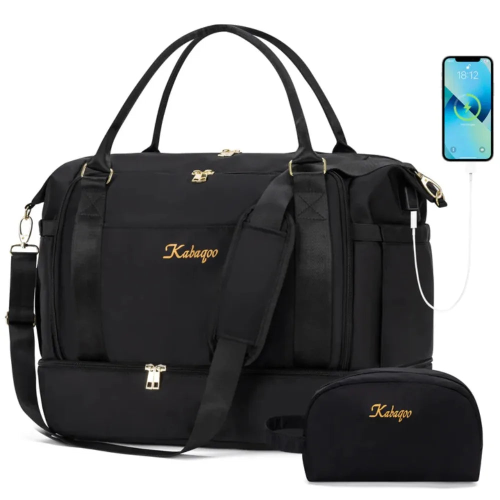 2PC Large Capacity Travel Duffle HandBag Weekender Bag For Women Gym Bag with USB Charging Port Shoe Compartment Carry on Overnight