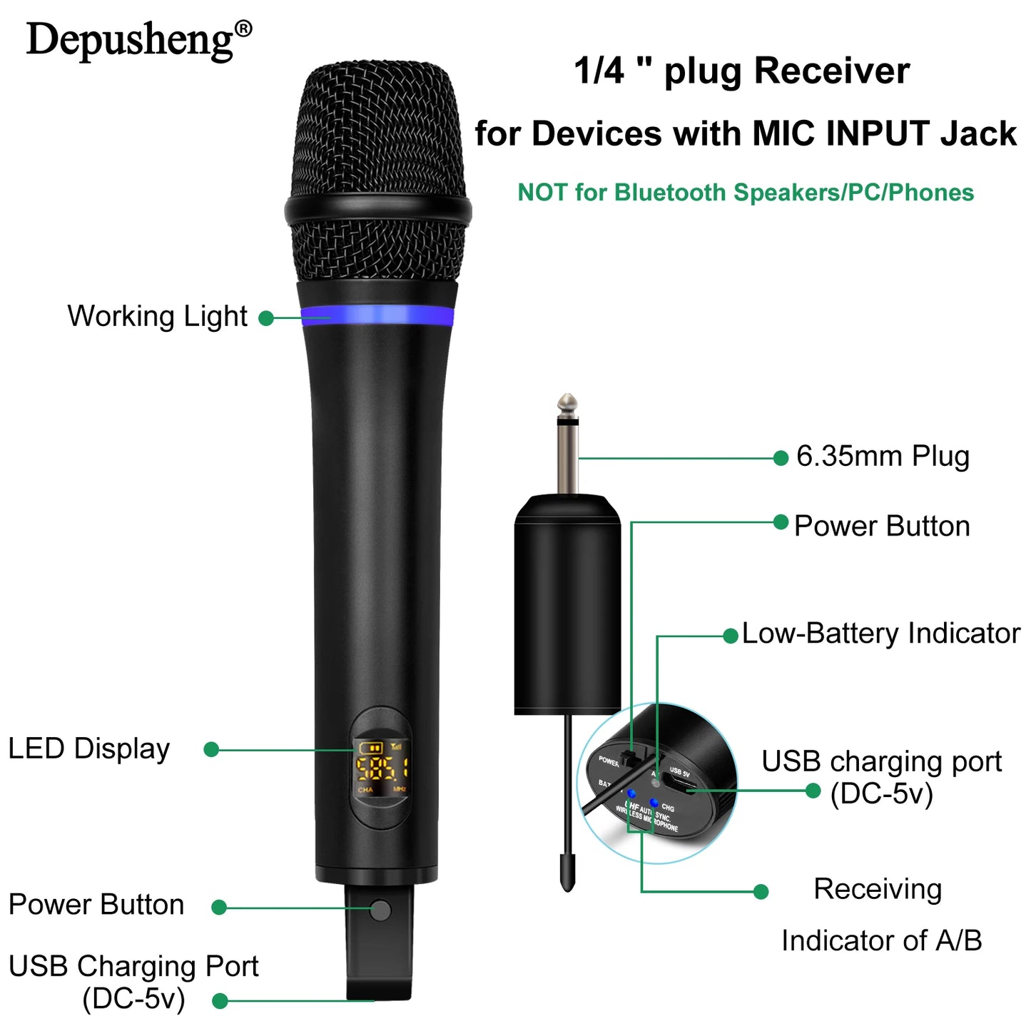 Wireless Microphone Depusheng UHF Metal Dynamic Handheld Karaoke Mic With Rechargeable Receiver For Karaoke Wedding