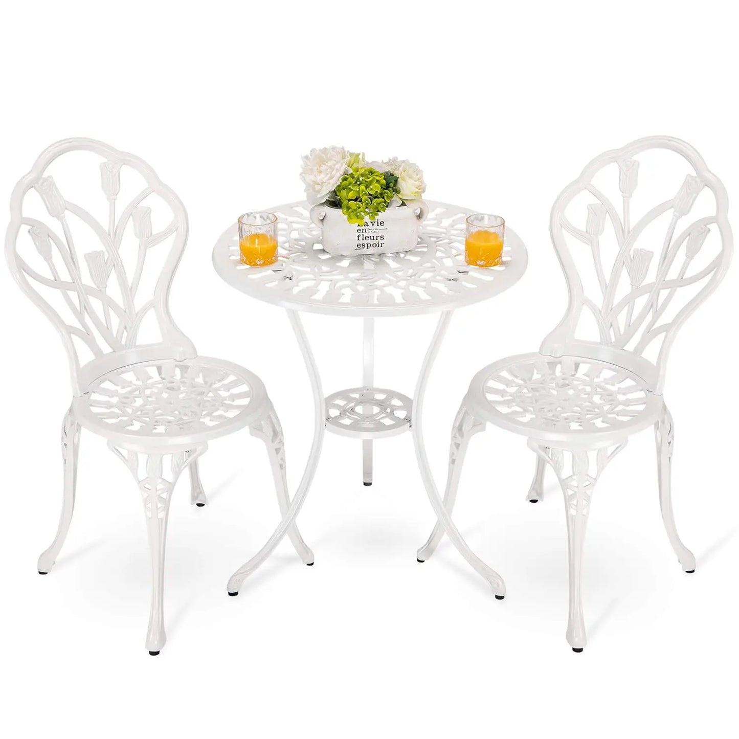 3pc Cast Aluminum Bistro Set, Rose Pattern Outdoor Garden Balcony, Rust & All-Weather Resistant, White, Customized
