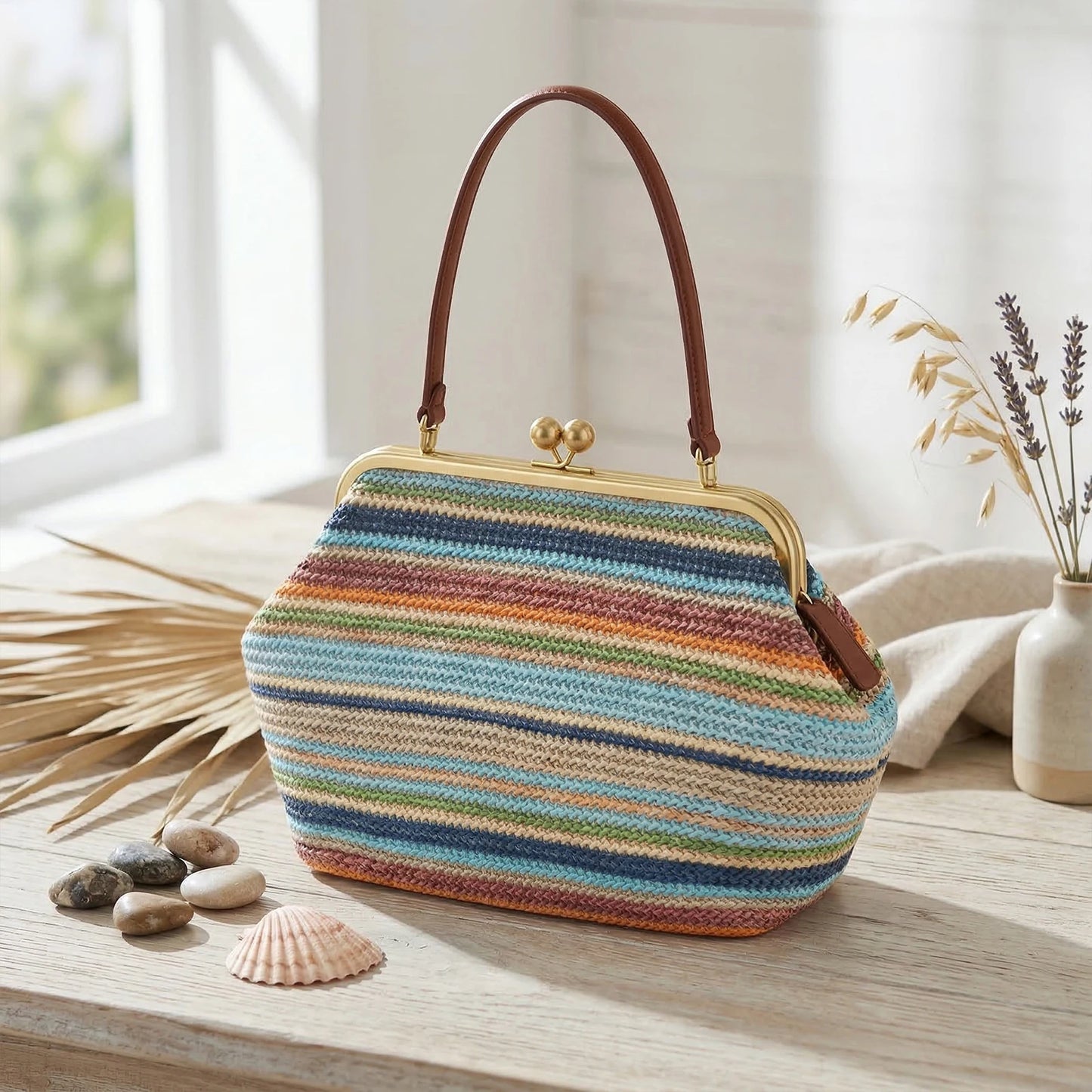 Women Straw Woven Bag Buckle Striped Tote For Summer Travel