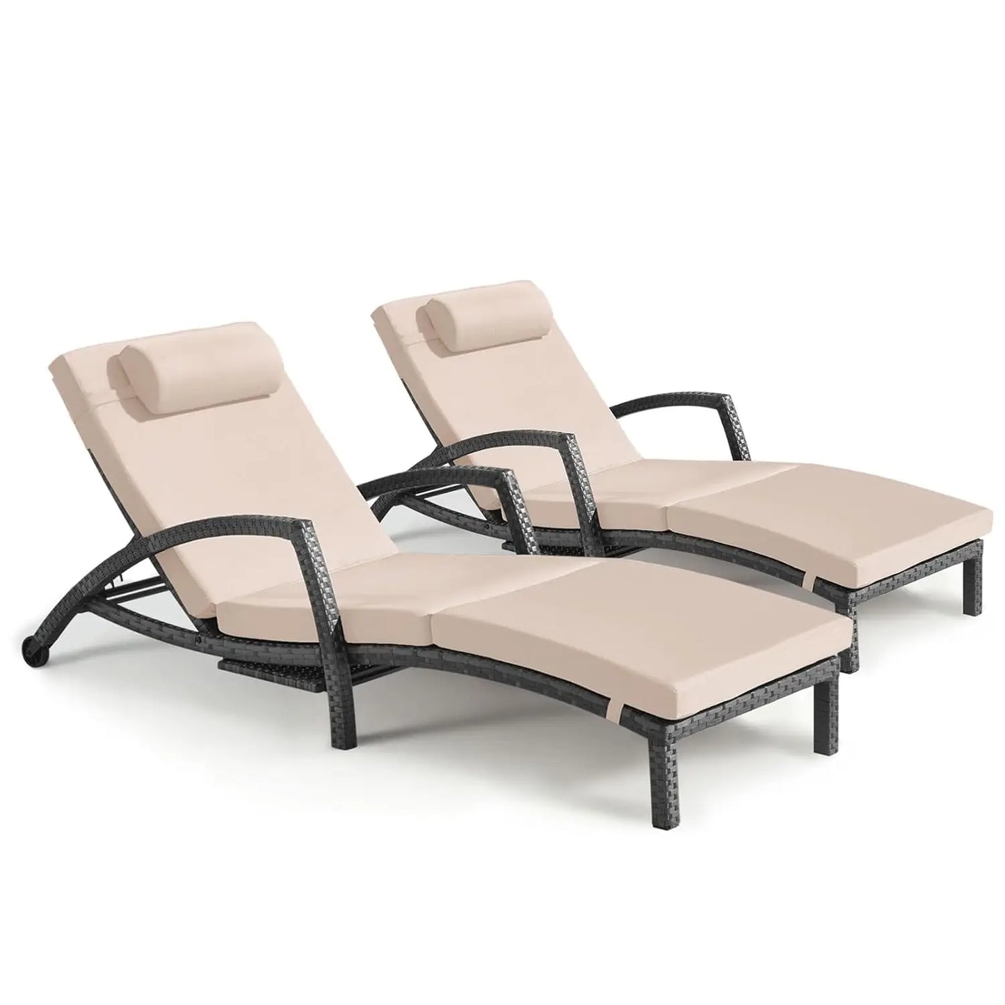 Chaise Lounge Chairs Outdoor Set of 2, Comfy Outside Wicker Patio Pool Lounge Chair w/ 5 Adjustable Back Angle, Cup, Customized