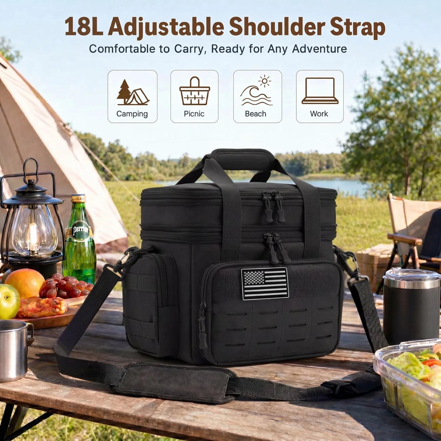 18L Insulated Lunch Bag Tactical Cooler Box for Men Women Expandable Leakproof Thermal Lunch Box Work Office Adults Reusable Large Capacity Meal Prep Bag Heavy Duty Camping Picnic Outdoor Travel School Commuter Construction W