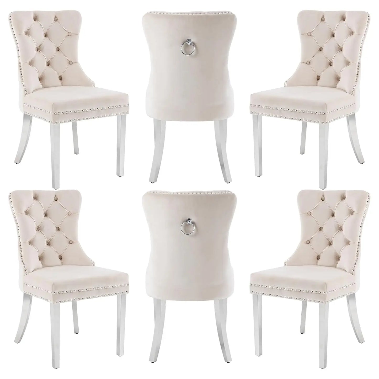 PU Leather Dining Chairs Set of 6 With Solid Wood Legs and Pull Ring