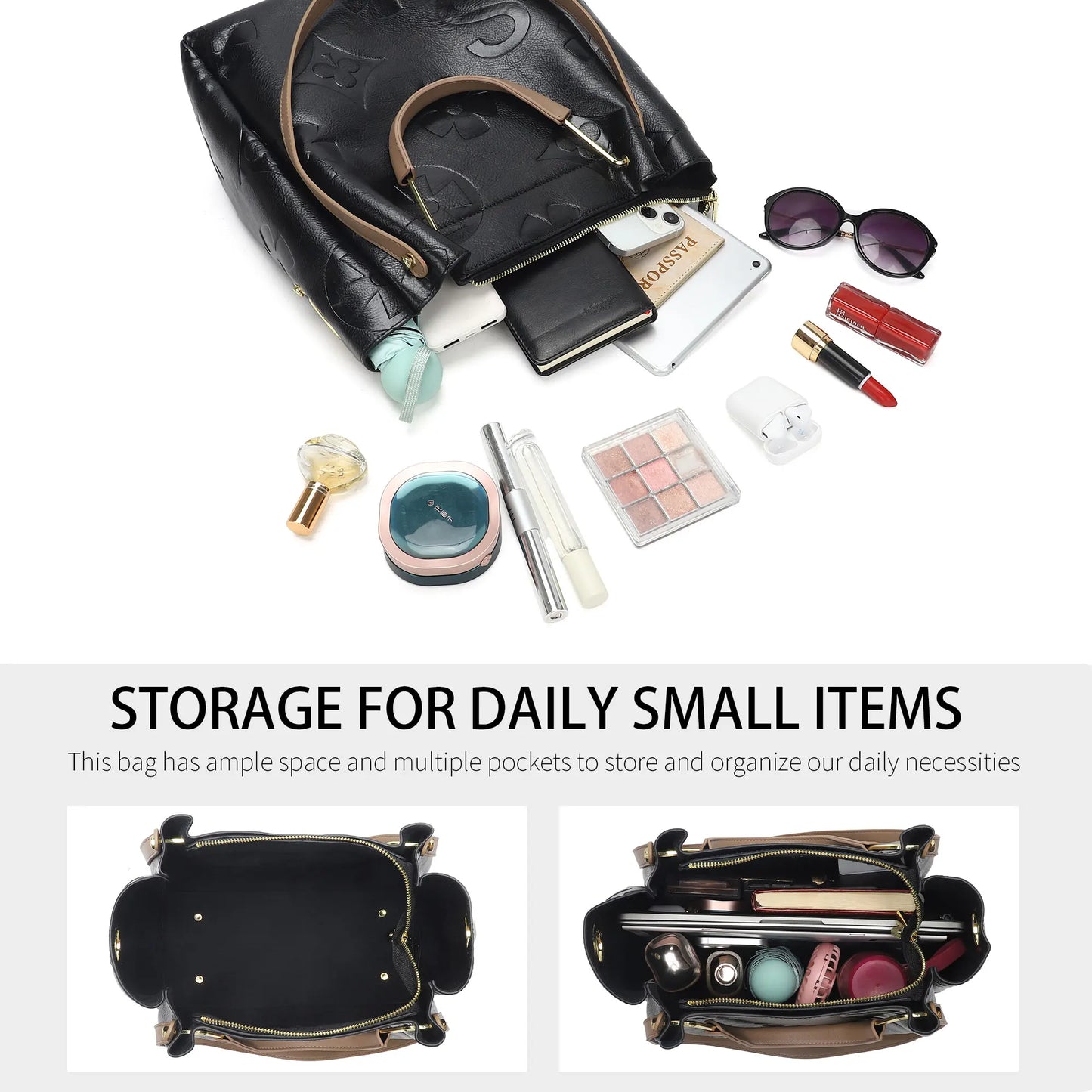 Top Handle Handbag Set Large Shoulder Bag Vegan Leather Ladies Bucket Hobo Tote with Floral Embroidery for Everyday Use