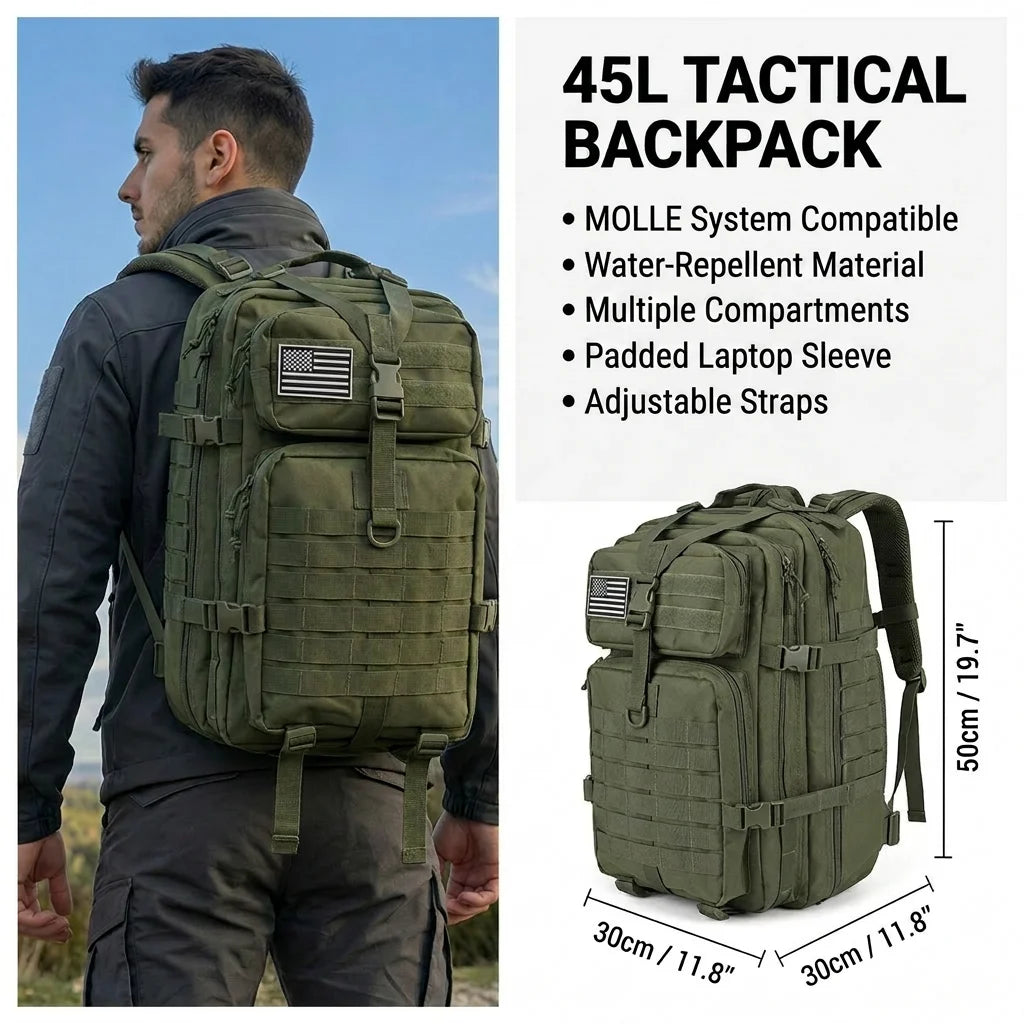 Men 45L Tactical Hiking Backpack Molle Mountaineering Water Resistant Outdoor Camping Trekking Backpacking Bushcraft Travel Rucksack Bug Out Bag Survival Emergency Large Capacity Climbing Cycling Daypack Women Durable Wear Re