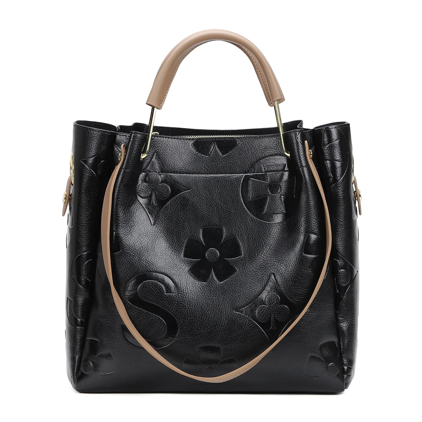Top Handle Handbag Set Large Shoulder Bag Vegan Leather Ladies Bucket Hobo Tote with Floral Embroidery for Everyday Use