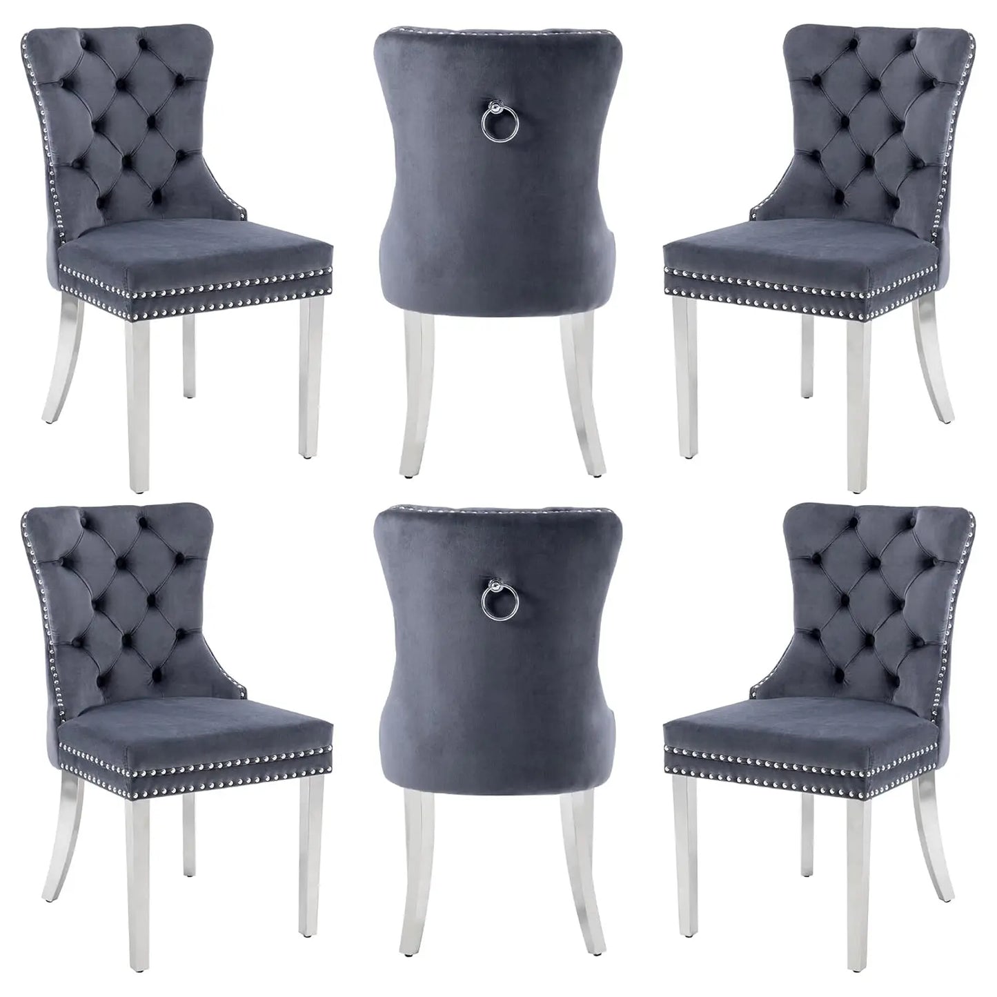 PU Leather Dining Chairs Set of 6 With Solid Wood Legs and Pull Ring