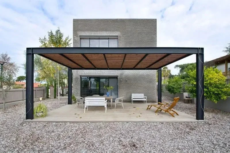 Motorized Aluminum Pergola With Retractable Louvered Roof For Gardens