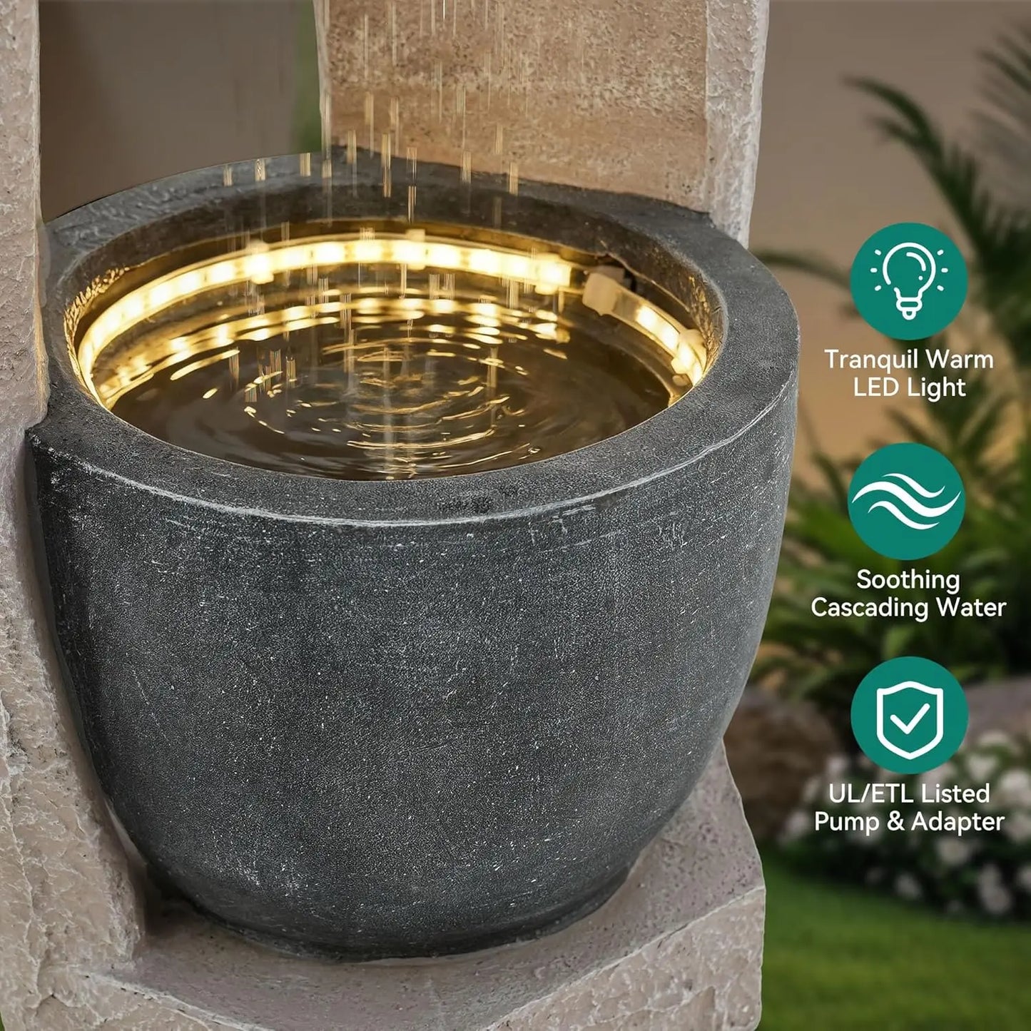 Outdoor Geometric Two-Bowl Resin Fountain With LEDs