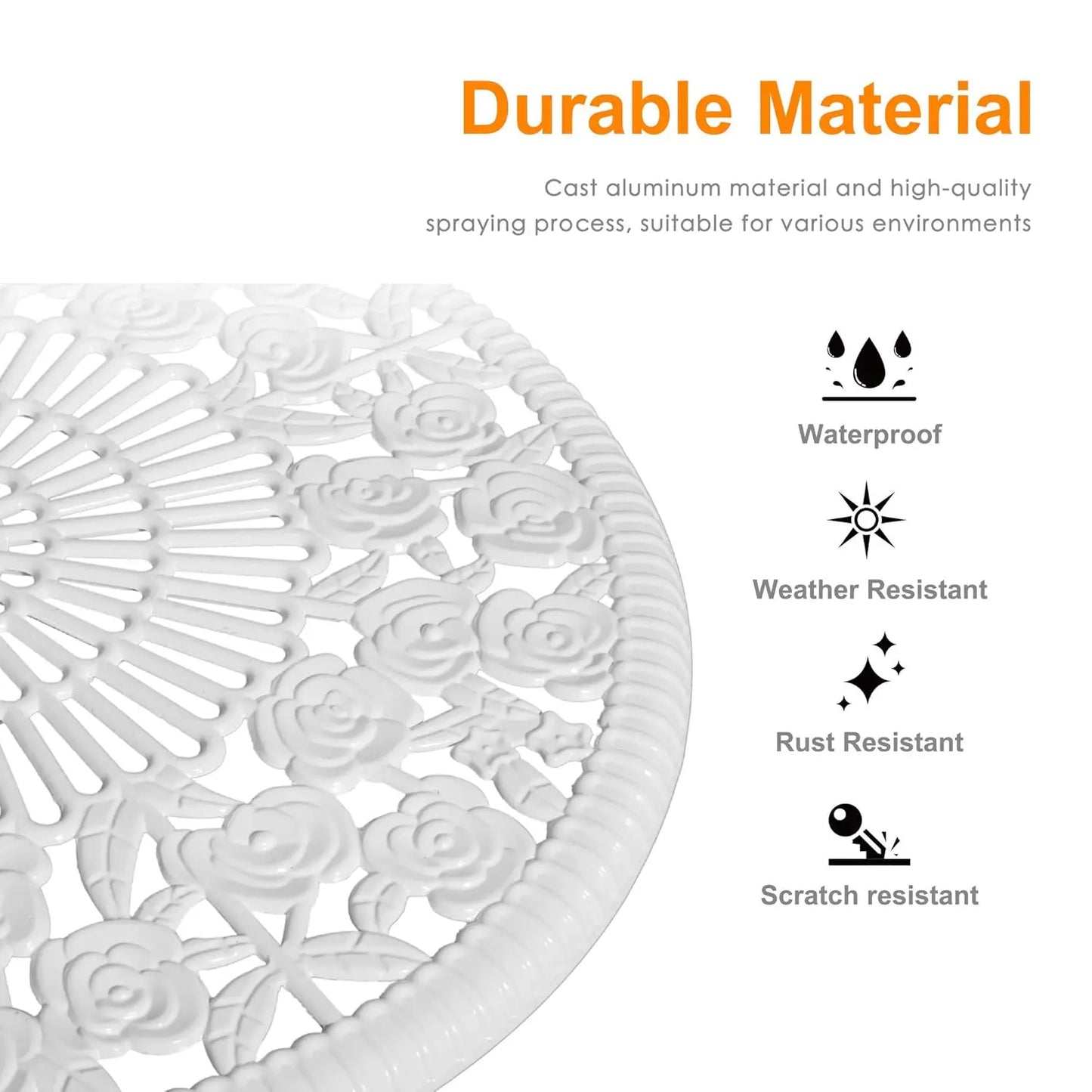 3pc Cast Aluminum Bistro Set, Rose Pattern Outdoor Garden Balcony, Rust & All-Weather Resistant, White, Customized