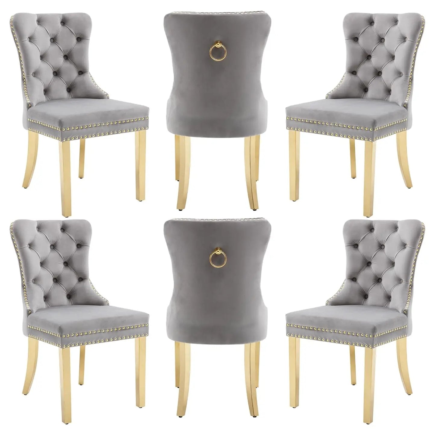 PU Leather Dining Chairs Set of 6 With Solid Wood Legs and Pull Ring