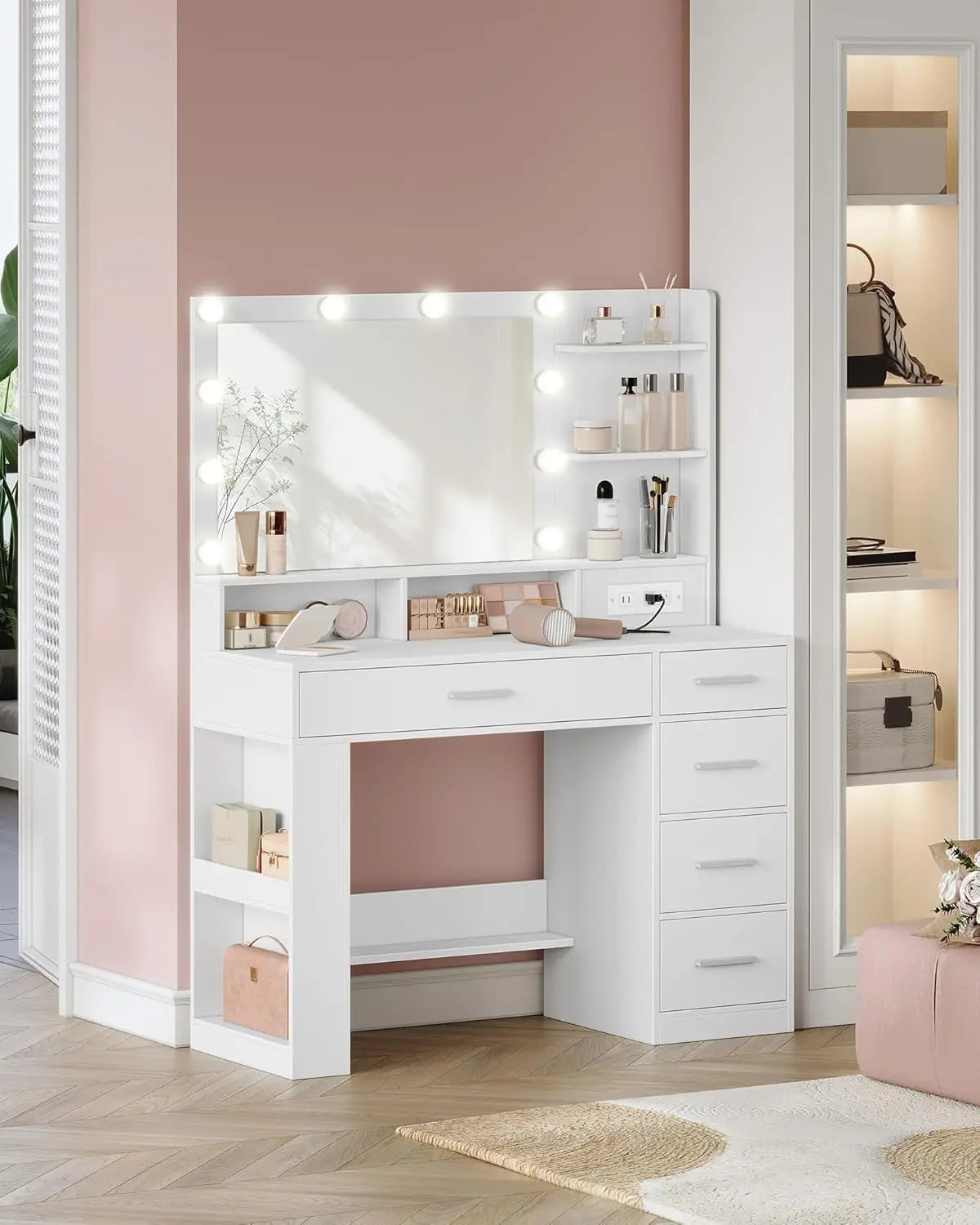 Vanity Desk With Large Mirror And LED Lights 5 Drawers