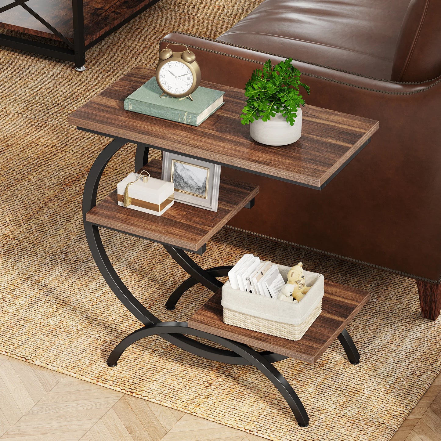 Tribesigns C Shaped End Table Industrial 3 Tier Console