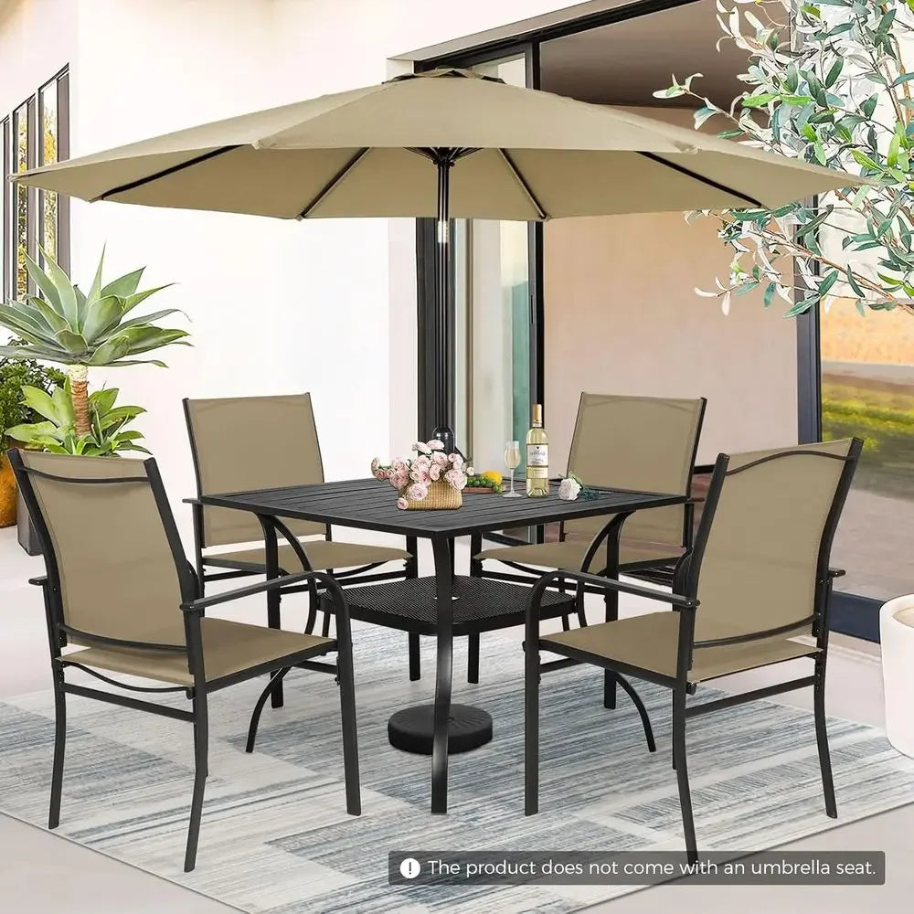 6-Piece Outdoor Patio Furniture Set with Brown Umbrella, 4 Chairs and Square Table