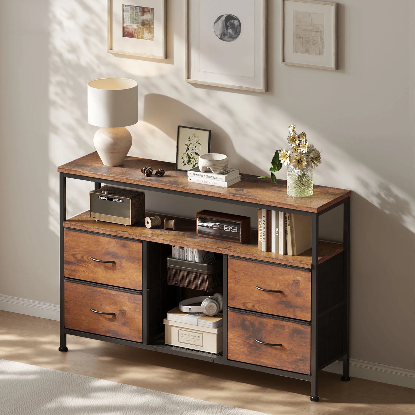 JHK TV Stand With Four Drawers LED Lights And Outlets