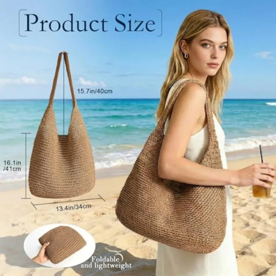 Beach Bags for Women Boho Straw Purse Summer Woven Shoulder Bag Handbag Crochet Mesh Tote Bag Vacation Purse