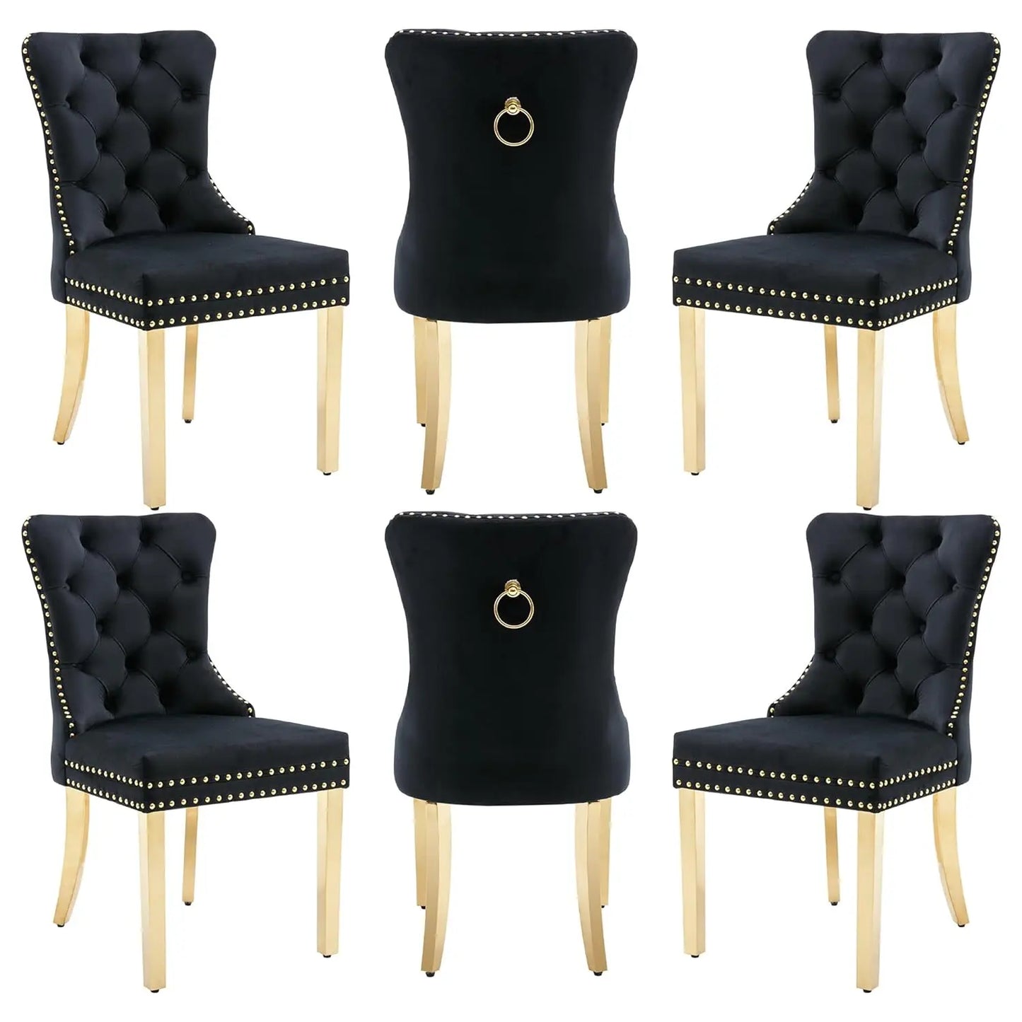 PU Leather Dining Chairs Set of 6 With Solid Wood Legs and Pull Ring