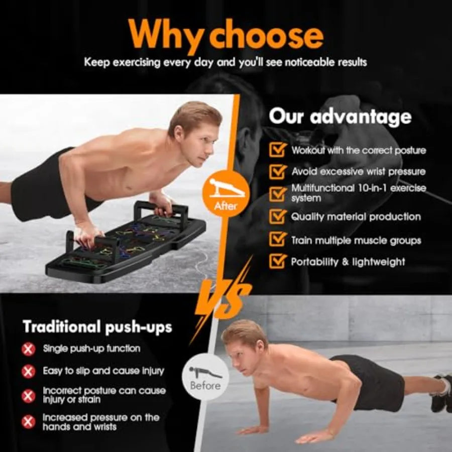 Push Up Board, Home Gym, Portable Exercise Equipment, Pilates Bar and 20 Fitness Accessories with Resistance Bands and Ab Rolle