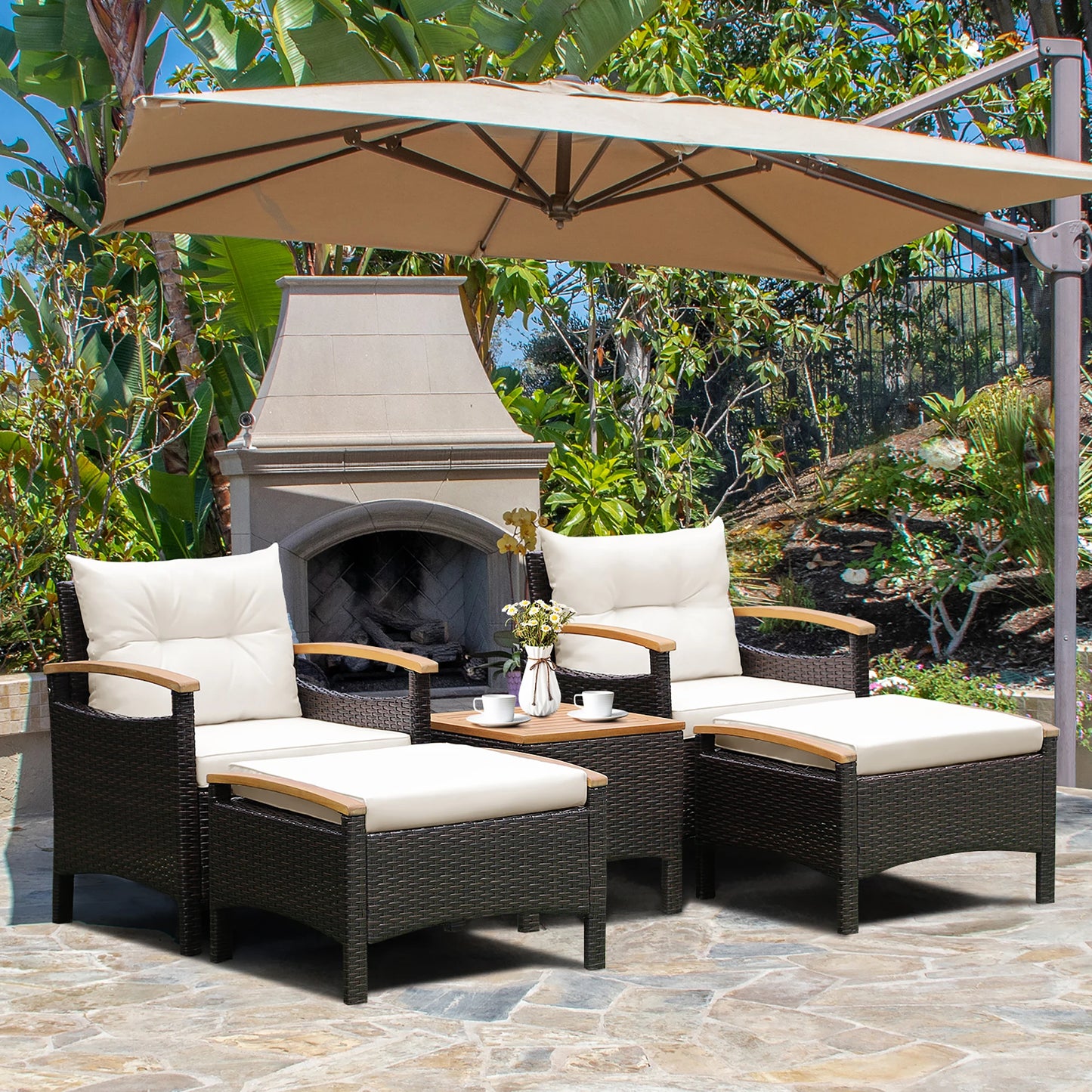 HOMASIS 5-Piece Patio Rattan Set With Cushioned Sofa And Table
