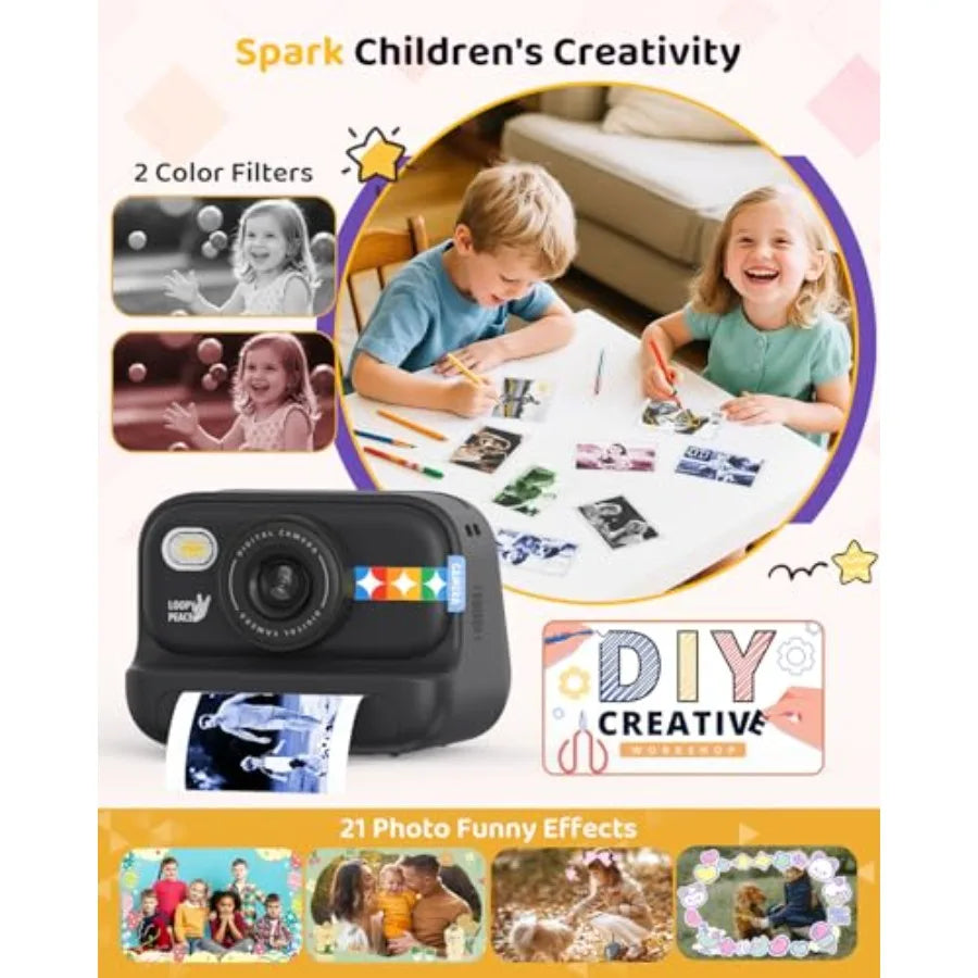 Color Instant Print Camera Camera with 5 Color Photo Paper 48MP and 1080P Video 21 Fun Frames 32G Card Christmas/Birthday Gifts