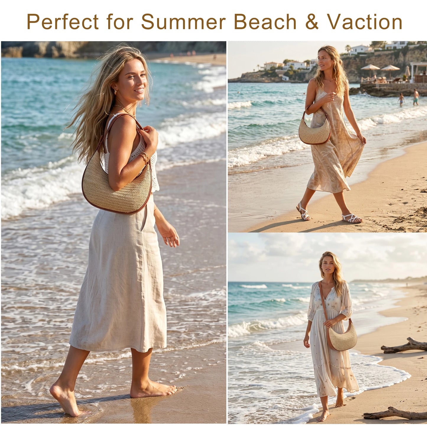 Causal Straw Woven Top-Handle Bags For Women Summer Holiday Beach Wrapped Handbags Ladies Handheld Crossbody Bags Totes Hobos Half Moon Bags
