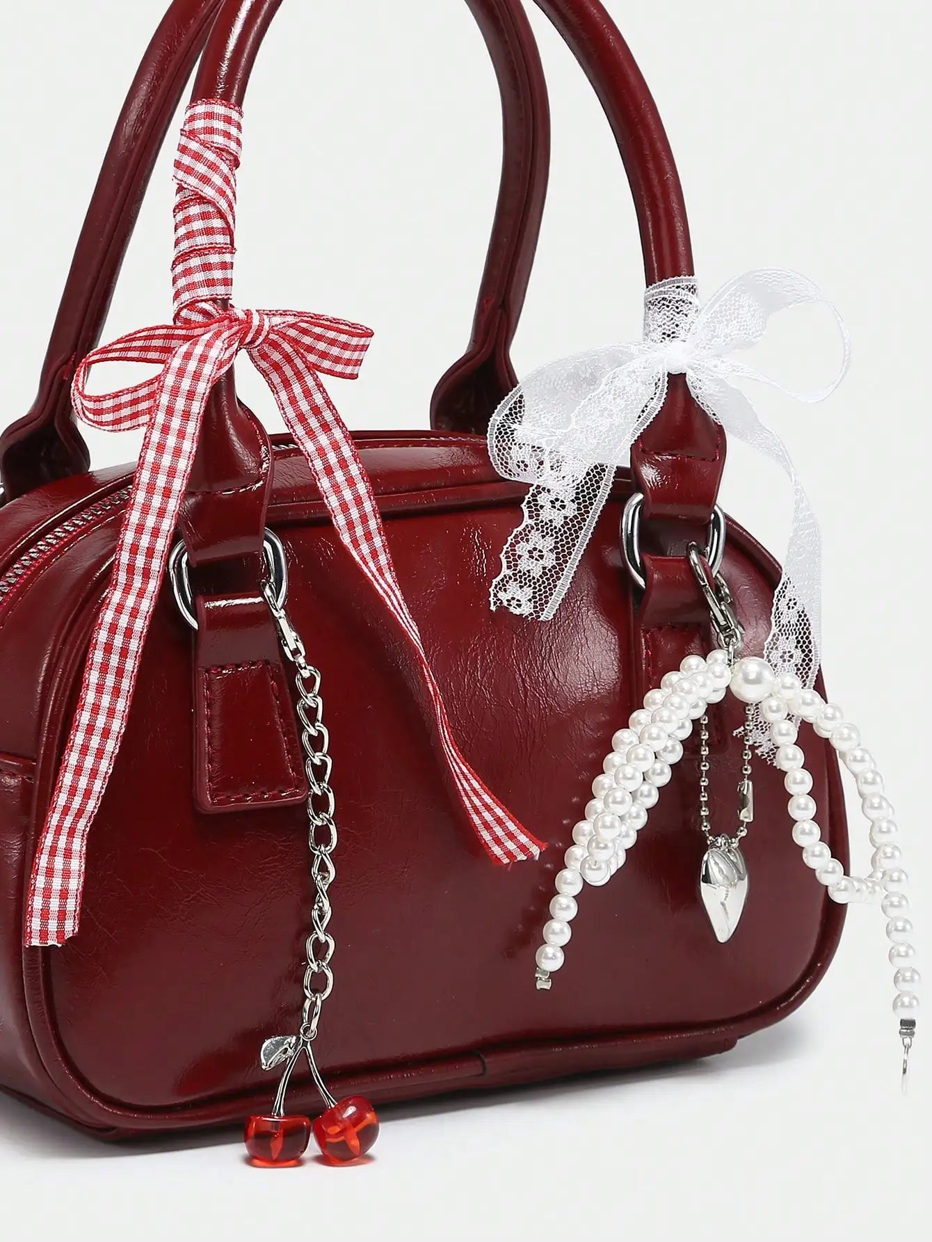 Women's Cute Ballet Style Cherry Faux Pearl & Bow Decor Mini Handbag, Fashionable Burgundy Bag, Fashionable Bow Purse For Women , Kawaii