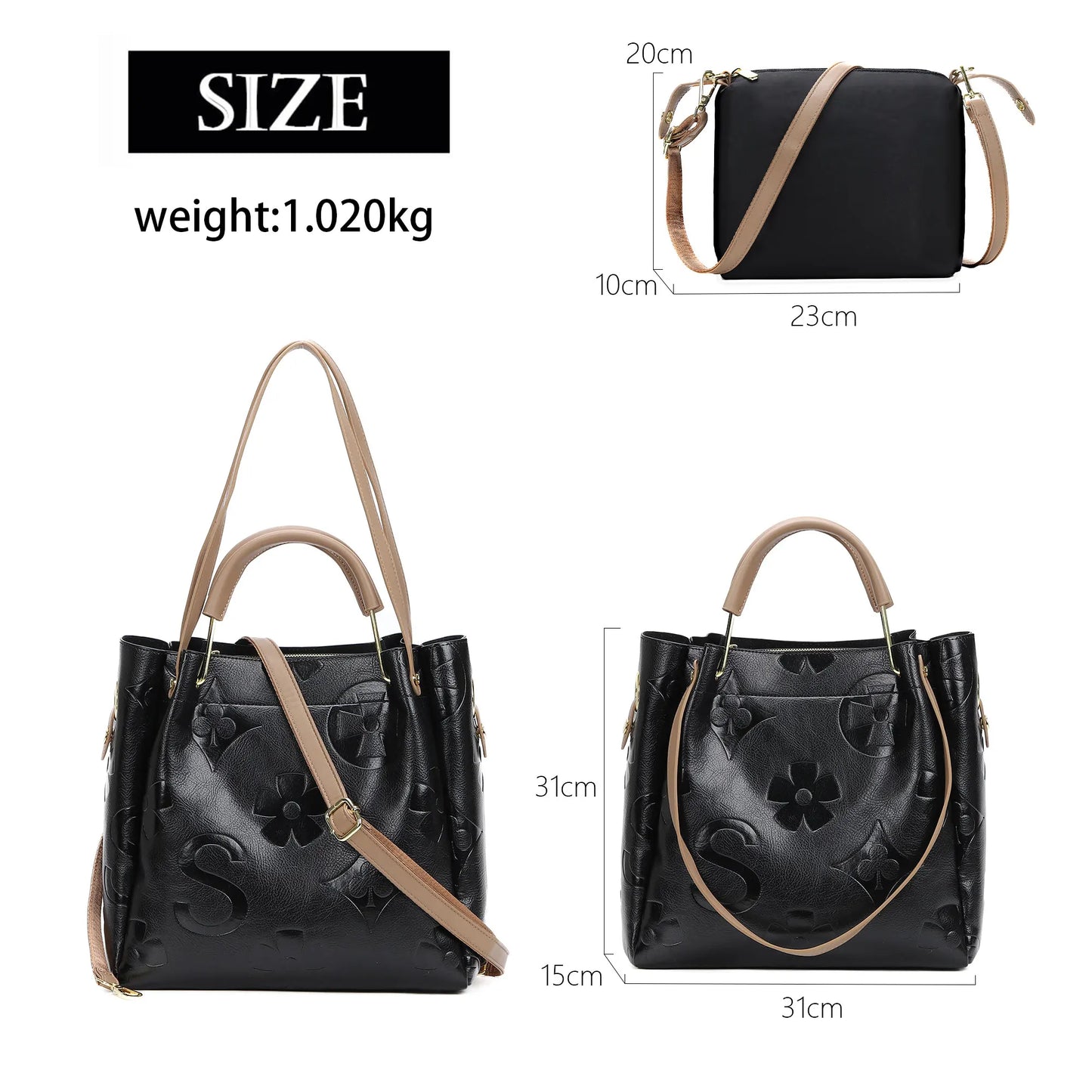 Top Handle Handbag Set Large Shoulder Bag Vegan Leather Ladies Bucket Hobo Tote with Floral Embroidery for Everyday Use