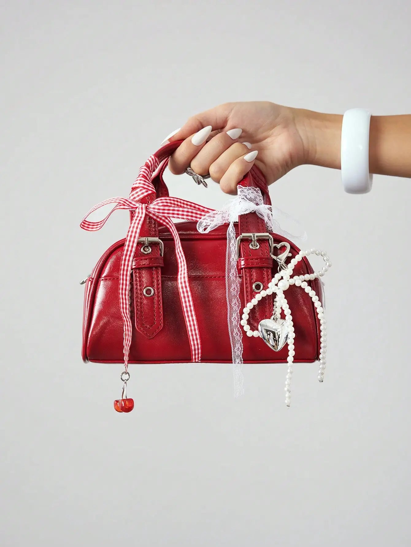 Women's Cute Ballet Style Cherry Faux Pearl & Bow Decor Mini Handbag, Fashionable Burgundy Bag, Fashionable Bow Purse For Women , Kawaii