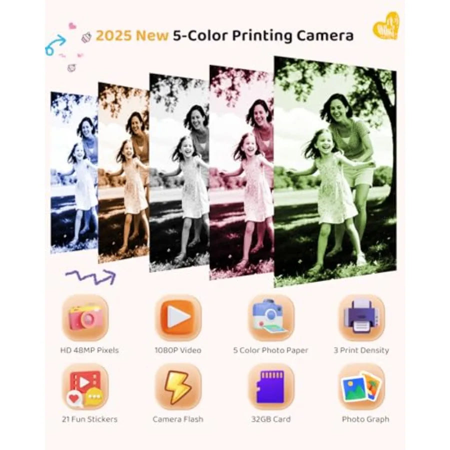 Color Instant Print Camera Camera with 5 Color Photo Paper 48MP and 1080P Video 21 Fun Frames 32G Card Christmas/Birthday Gifts